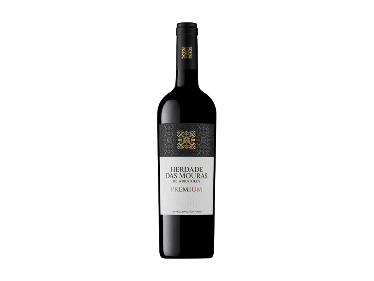 Garrafa de vinho tinto com rótulo preto e dourado, com a inscrição « PREMIUM ».