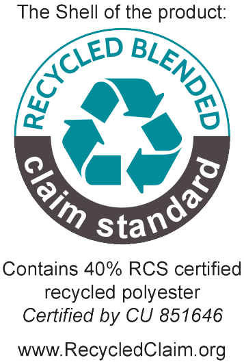 Selo Recycled Blended Claim Standard: Contém 40% de poliéster reciclado certificado RCS, certificado por CU 851646.