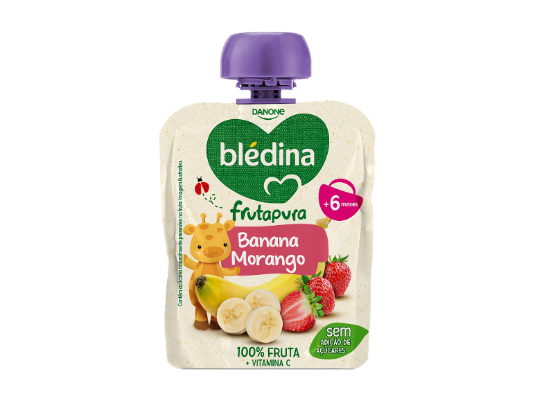 Saqueta de puré de fruta de banana e morango, 100% fruta, sem adição de açúcares, para +6 meses.