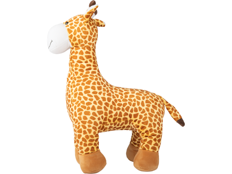 Peluche de girafa com manchas castanhas e bege, focinho branco e cascos castanhos.