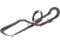 Pista de corrida de carros de brinquedo com loop e pontes vermelhas.