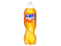 Garrafa de refrigerante laranja sem açúcar com rótulo de sabor a laranja e 4% de sumo.