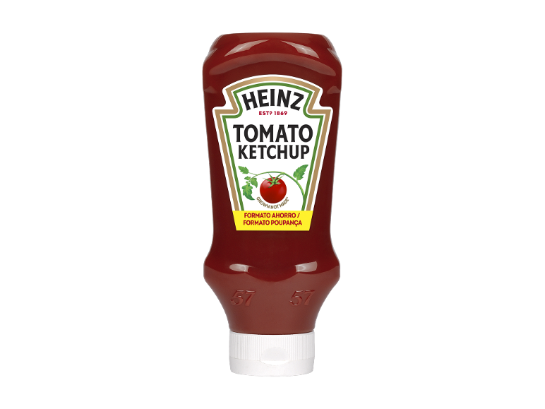 Garrafa de ketchup de tomate com rótulo e a inscrição 'FORMATO AHORRO / FORMATO POUPANÇA'.