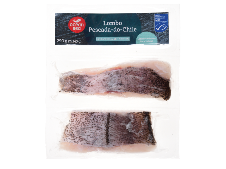 Lombo de pescada-do-Chile Ocean Sea, 290g, certificado MSC, sem espinhas e aditivos.