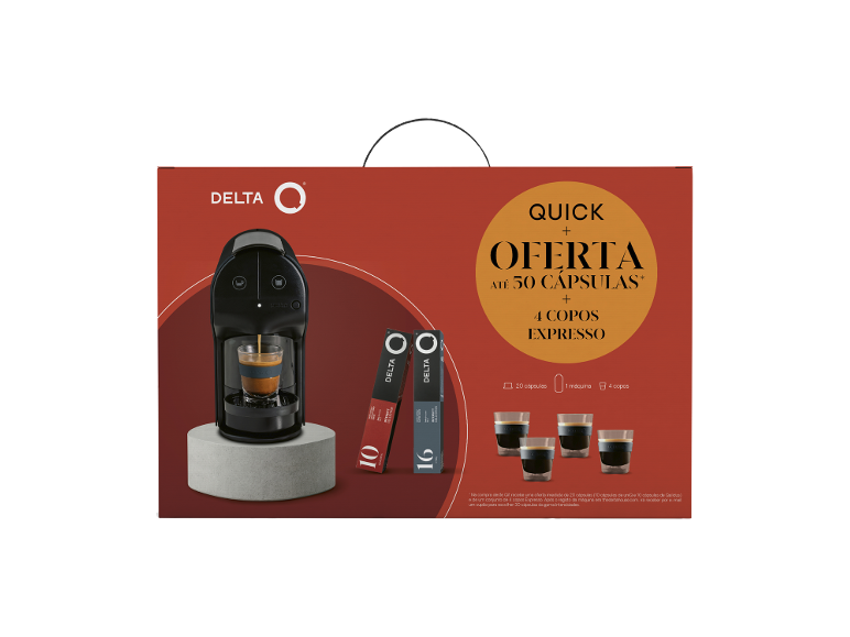 Máquina de café com cápsulas e copos de expresso numa embalagem promocional.