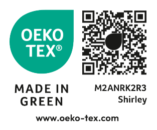 Selo MADE IN GREEN, logótipo OEKO-TEX®, código QR, M2ANRK2R3 Shirley e www.oeko-tex.com