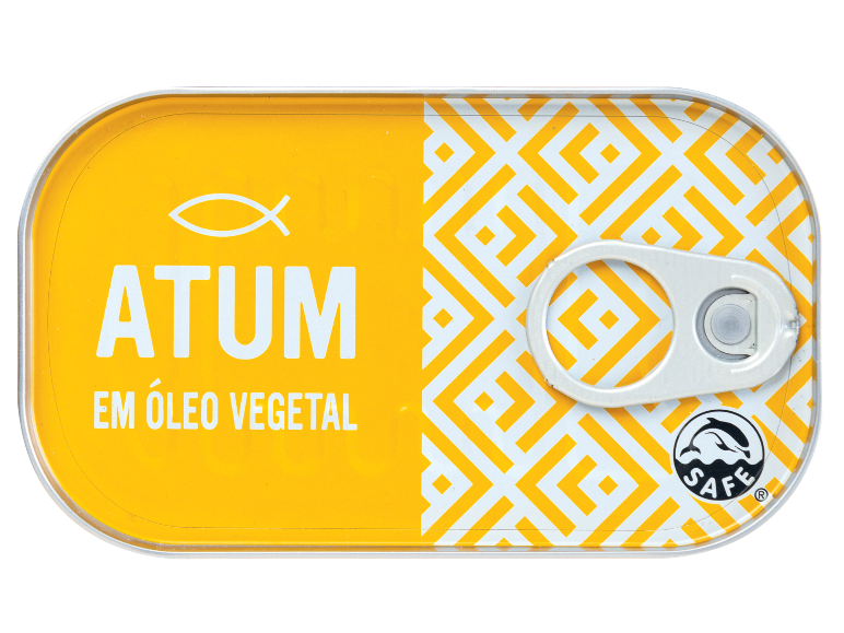 Lata de atum em óleo vegetal com padrão geométrico amarelo e branco.