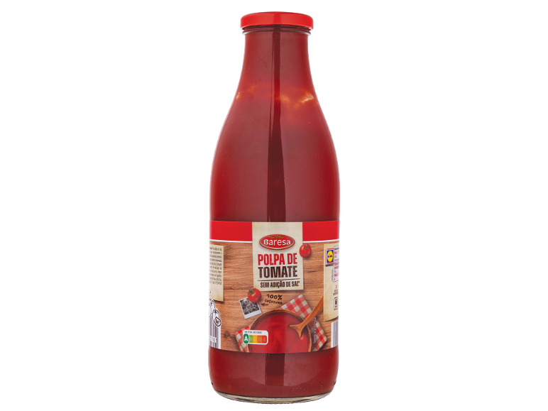 Garrafa de polpa de tomate BARESA sem adição de sal, com Nutri-Score A.
