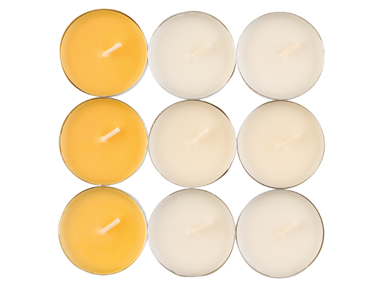 Nove velas tealight, três amarelas e seis creme, dispostas em grade.