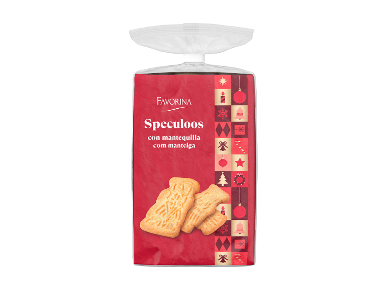 Pacote de biscoitos Speculoos com manteiga com um motivo natalício vermelho.