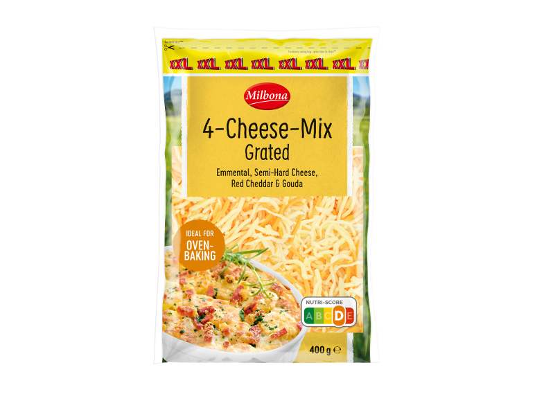 Mistura ralada de 4 queijos para forno, 400g, com Nutri-Score B.
