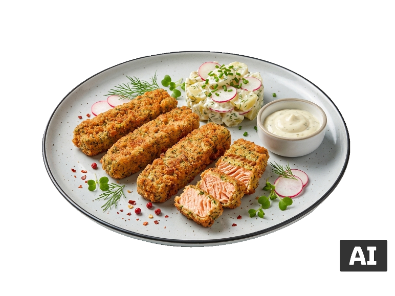 Palitos de salmão panados com salada de batata e molho.