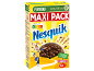 Caixa de cereais com um coelho, uma tigela de bolas de chocolate e informações nutricionais.