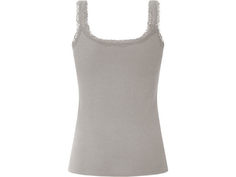 Camisola de alças canelada cinzenta para mulher com detalhes em renda.