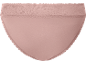 Cuecas femininas cor-de-rosa com detalhes de renda na cintura e nas bordas.