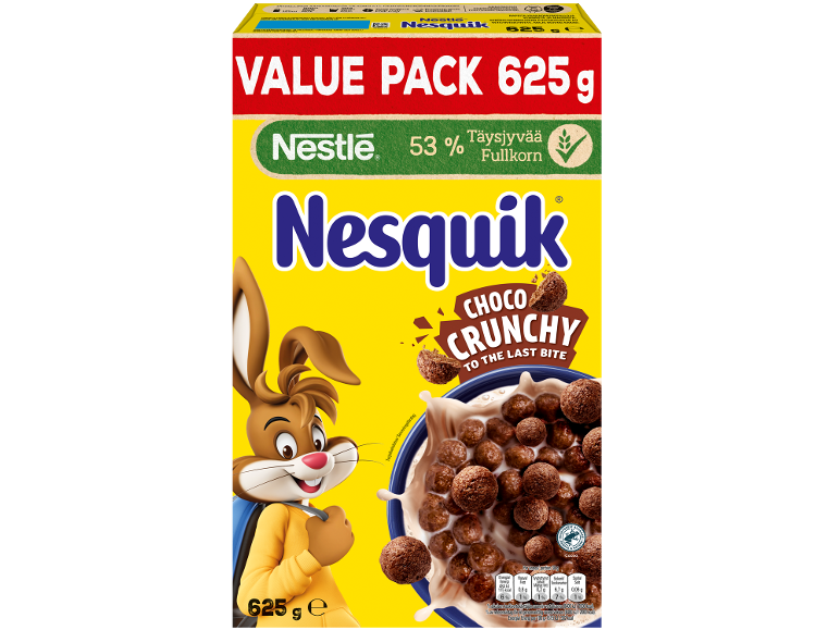 Cereais de chocolate, embalagem de 625 g com um coelho de desenho animado e uma tigela de cereais.