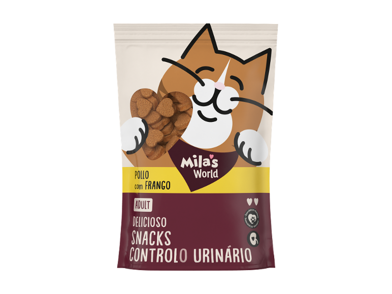 Embalagem de snacks para gatos com sabor a frango, para gatos adultos, para controlo urinário.