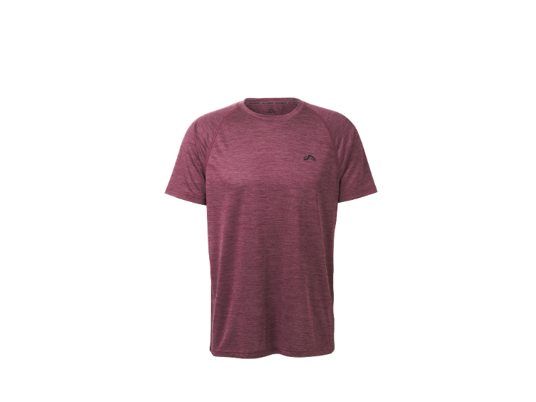 T-shirt desportiva de manga curta cor de vinho com um pequeno logótipo preto no peito.