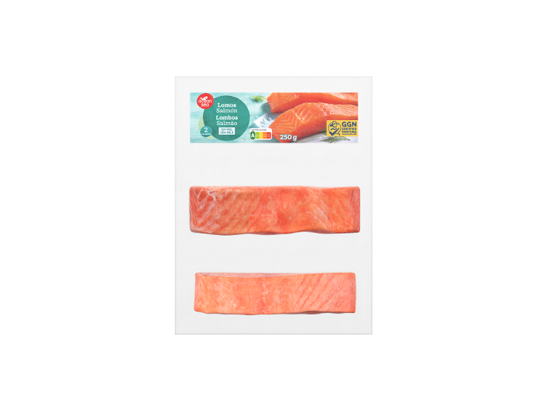 Lombos de salmão sem pele, 2 unidades, 250 g, com Nutri-Score A e certificação GGN.