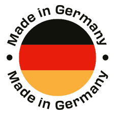 Selo redondo 'Made in Germany' com as cores da bandeira alemã.