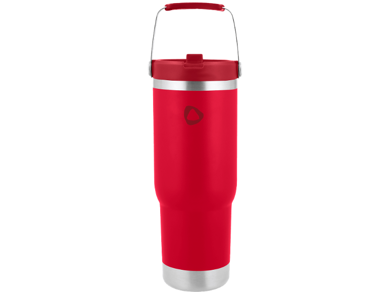 Copo térmico vermelho com alça de metal e detalhes prateados.