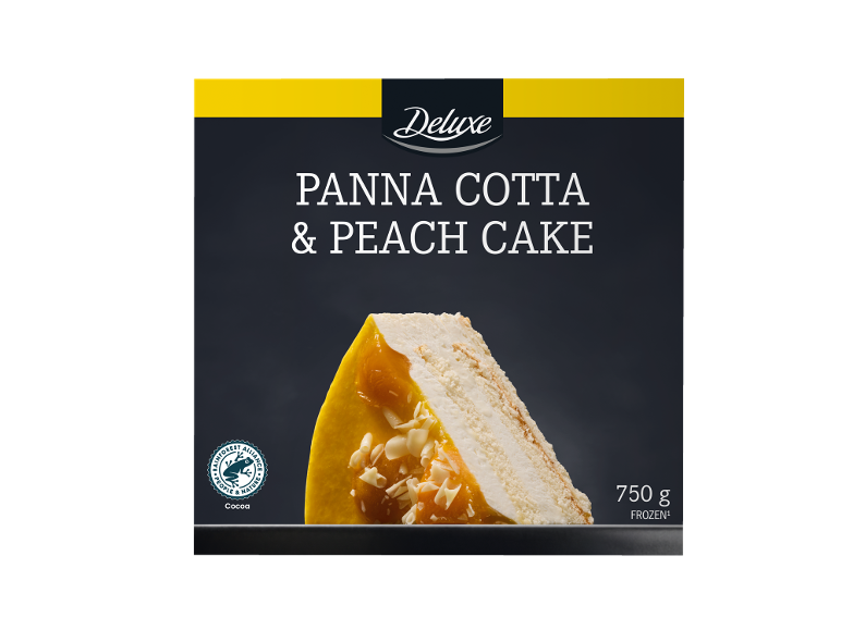 Bolo panna cotta e pêssego, 750 g, congelado.