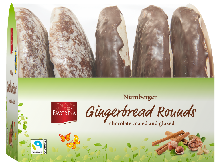 Embalagem de bolachas de gengibre redondas de Nuremberga, algumas vidradas, outras com chocolate.