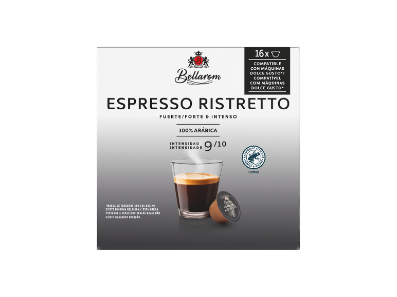 Café espresso ristretto, 100% arábica, intensidade 9/10, compatível com máquinas Dolce Gusto.