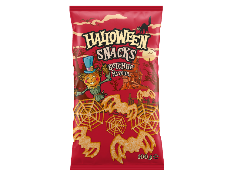 Pacote vermelho de snacks de Halloween sabor ketchup em formas de teias de aranha e morcegos.
