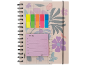 Caderno de argolas com régua, separadores adesivos e notas de tarefas, com padrão floral rosa.