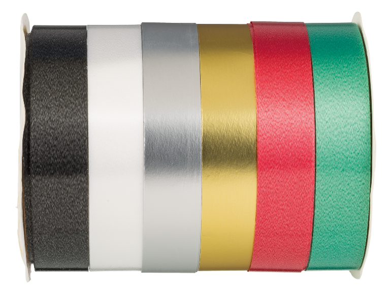 Rolos de fitas em várias cores: preto, branco, prata, dourado, vermelho e verde.