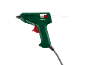 Pistola de cola quente verde com gatilho vermelho e bastão de cola branco
