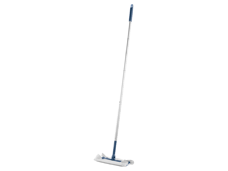 Mopa plana azul e branca com cabo extensível.