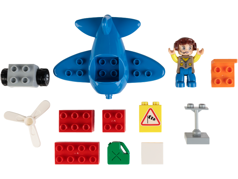 Conjunto de brinquedos de construção de avião com um avião azul, figura de piloto e várias peças.