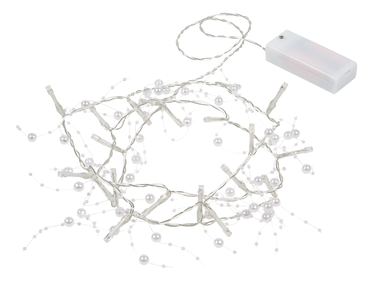 Luzes LED de pérolas com caixa de bateria, dispostas em círculo.