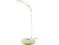 Candeeiro de mesa LED branco com base luminosa colorida e braço flexível.