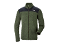Casaco polar verde masculino com painéis pretos nos ombros e fecho éclair.