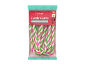 Embalagem de bengalas de doces de menta em riscas rosa-verde-brancas
