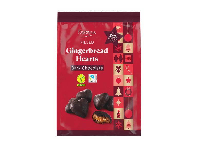 Corações de pão de mel de chocolate preto com recheio de damasco, vegan e Fairtrade.
