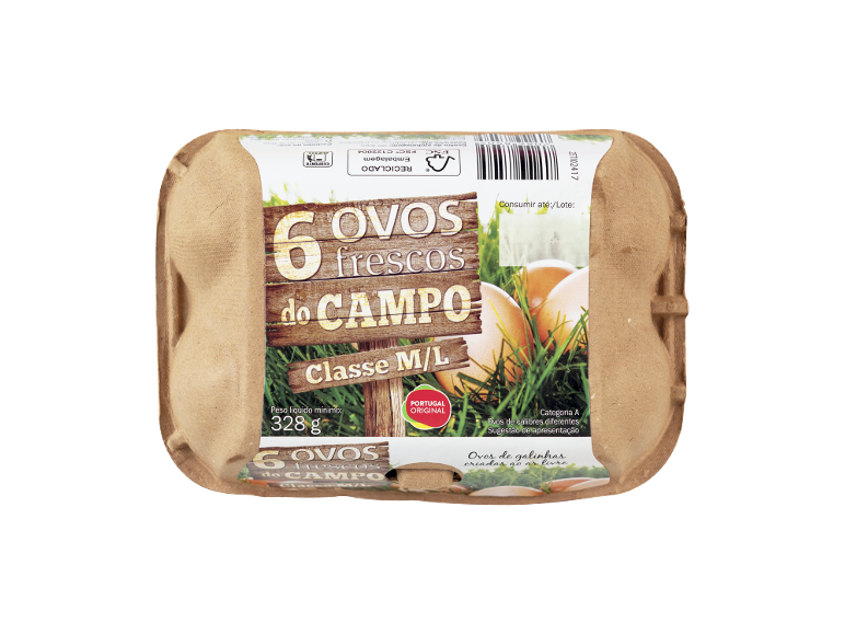Seis ovos frescos de galinhas criadas ao ar livre M/L numa embalagem de cartão, com a indicação 'Portugal Original'.