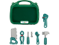 Mala de ferramentas de brinquedo verde com serra, alicate, chave de fendas, chave inglesa e martelo.