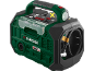 Compressor portátil verde e preto com pega, luz e mangueira guardada.