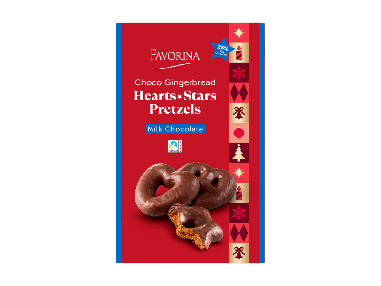 Corações, estrelas e pretzels de pão de mel com chocolate de leite, embalagem festiva.