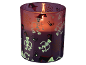 Vela roxa de Halloween com esqueletos, aranhas e teias de aranha.