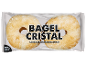 Embalagem de dois bagels, com o texto 'BAGEL CRISTAL' e 'FERMENTO E AZEITE VIRGEM EXTRA'.