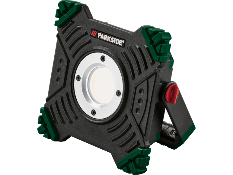 Foco de trabalho LED compacto e robusto com detalhes verdes e alças ajustáveis.
