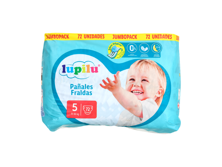 Embalagem de fraldas para bebé, tamanho 5 (11-16 kg), 72 unidades, com 12 horas de absorção.