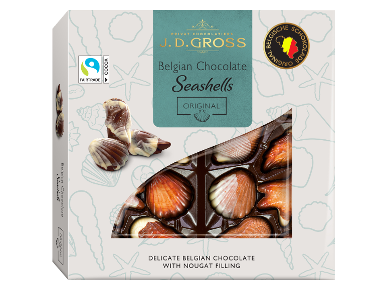 Caixa de bombons belgas em forma de concha com recheio de nougat, com cacau Fairtrade.