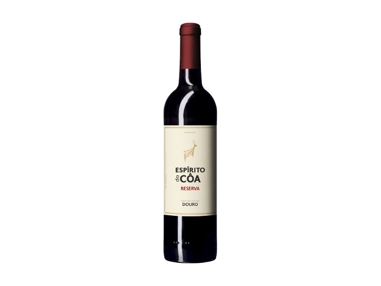 Garrafa de vinho tinto com rótulo «Espírito do Côa Reserva Douro» e gráfico de cabra montesa.