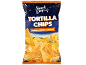 Saco de tortilhas com sabor a queijo nacho, com uma tigela de tortilhas e um pedaço de queijo.